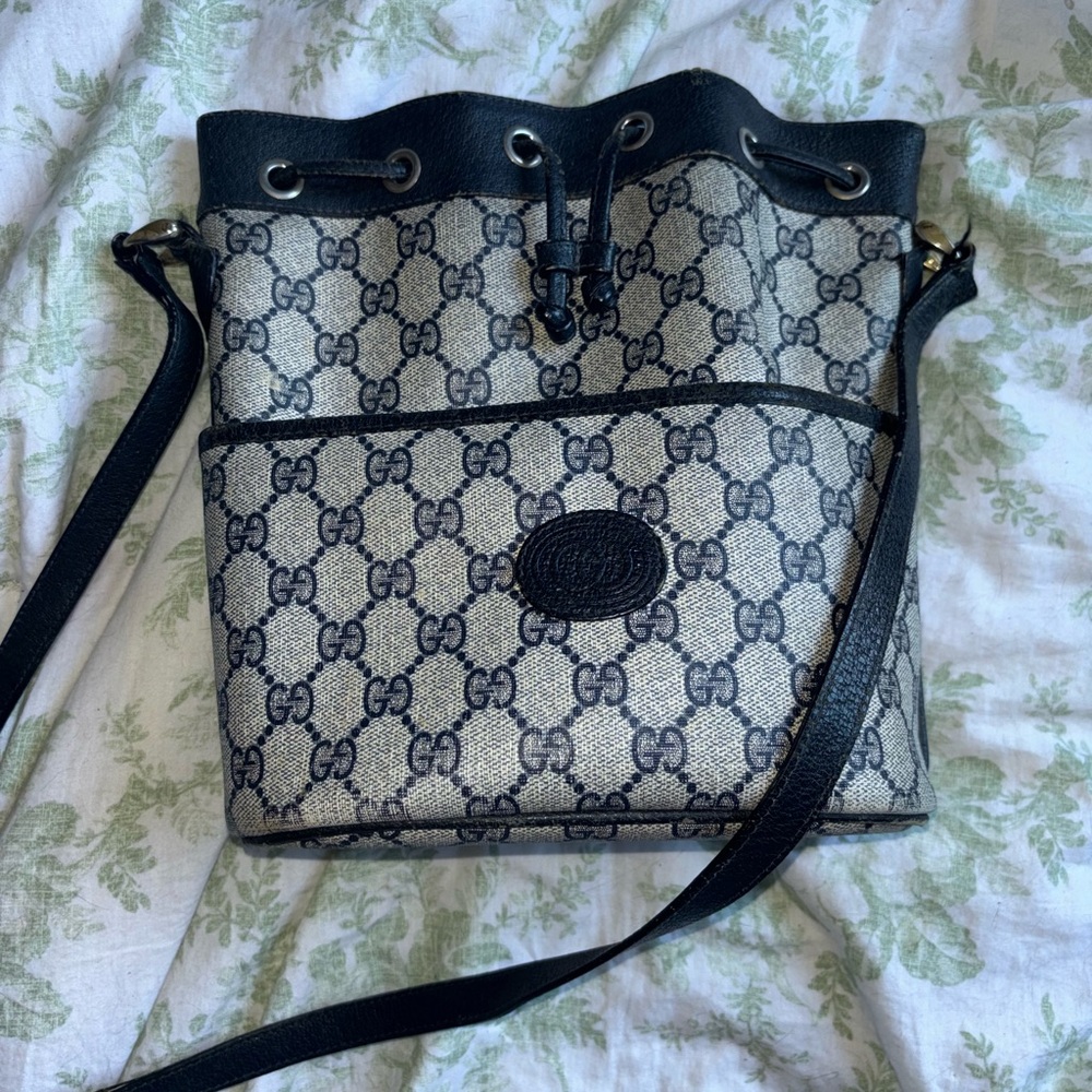 Gucci Black and Beige GG Canvas Drawstring Crossbody Bag